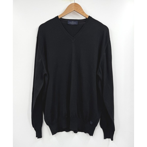 Valentino Jeans Sweater‎ Mens Large Black V Neck Wool Blend Knit Logo Patch